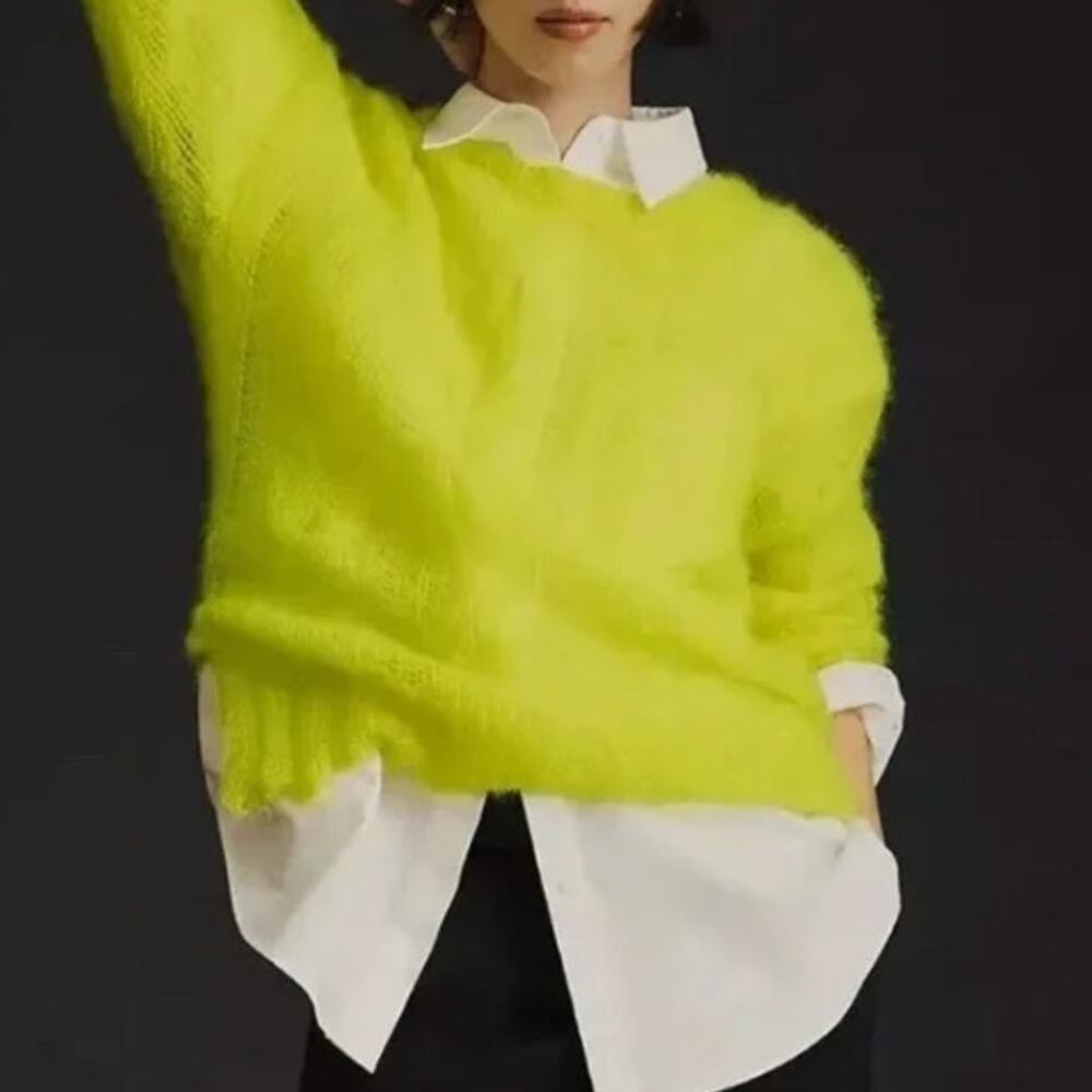 Neon Lime Fuzzy Crewneck Sweater - Women's